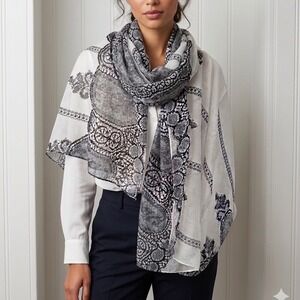 Chico's Scarf Wrap Women OS White Black Lace Print Lightweight Shawl Classic